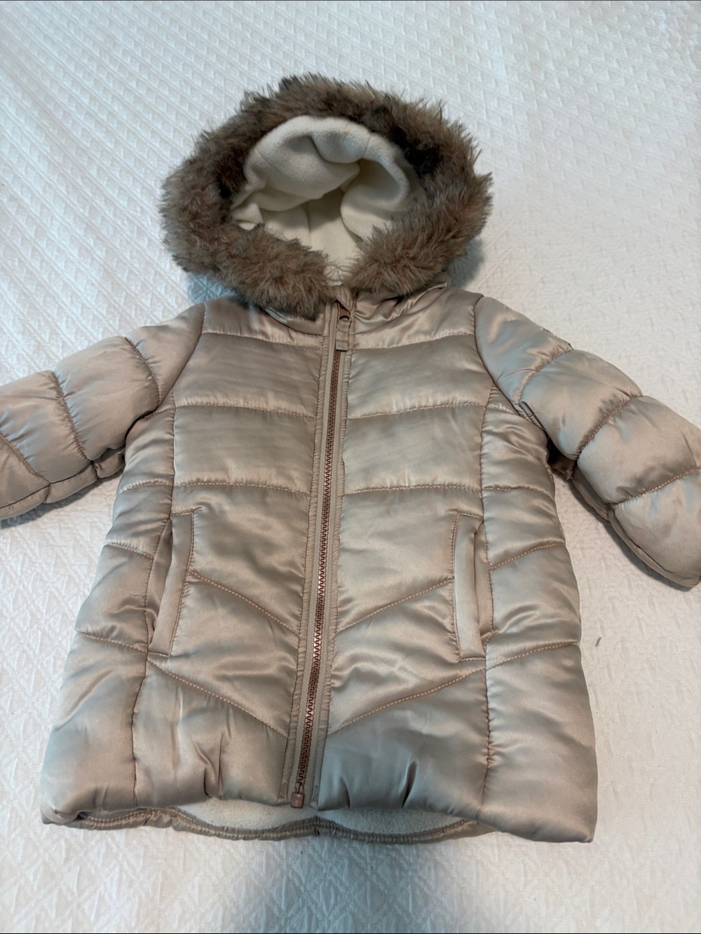 OshKosh B'gosh Light Beige Toddler Puffer Coat with Faux Fur Hood